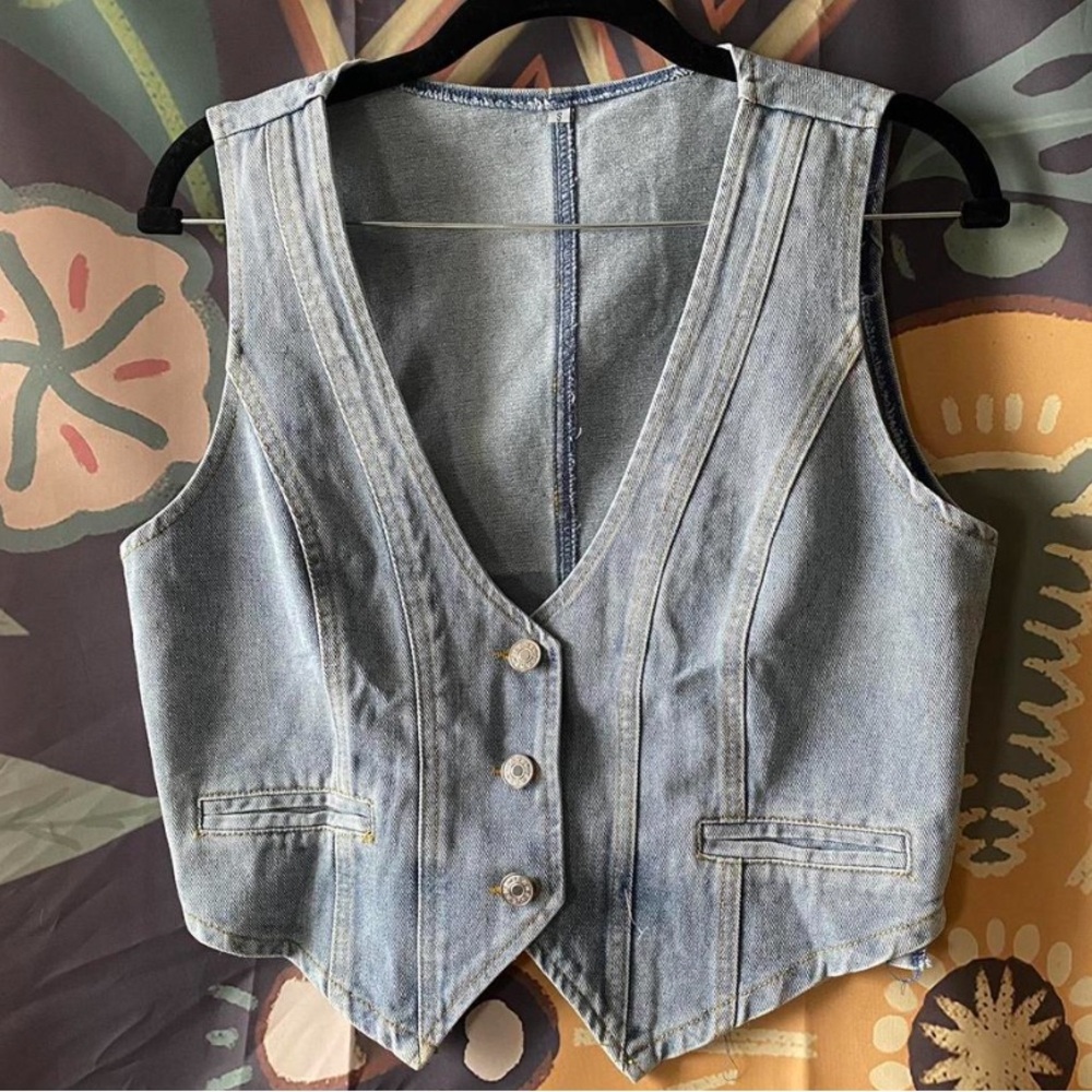 Button Down Denim Vest Sleeveless Denim Crop Top Low Cut Strapless Jean Corset